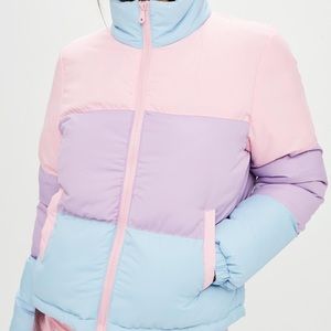 Cropped color block puffer coat